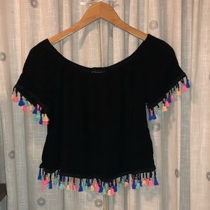 Off the shoulder black crop top with tassel detail